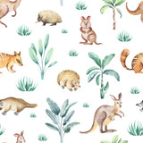 Fototapeta Dziecięca - watercolor seamless pattern. floral background tropical blooming flowers and leaves with Australian animals and birds. Plants, animals and flowers of Australia. for fabric, textile, packaging, childre
