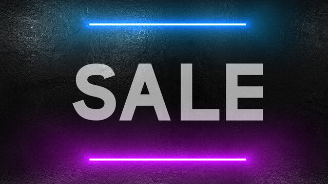 Sale text written on a dirty concrete wall and illuminated with neon lights, signboard for celebration, creativity graphics and modern design
