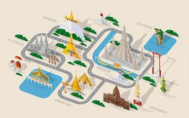 Thailand travel concept The Most Beautiful Places To Visit In Thailand in flat style in flat design color.