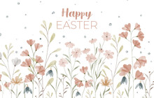 Happy Easter Floral Spring Horizontal Card With Wildflowers. Watercolor Hand Drawn Isolated Illustration Border, Meadow Or Floral Background For Your Design.