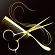Golden scissors and comb. Stylists scissors cut curls of hair. Design for hair salon and beauty salon
