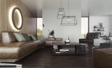 Fototapeta  - Wnętrze pokoju dziennego z brązową sofą przed drewnianą ścianą i okrągłą lampą ozdobną.