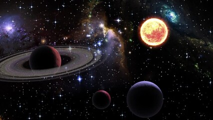 Wall Mural - Space flight slowly moving through universe among planets galaxies stars and nebulae