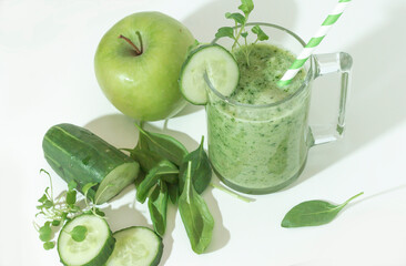 Sticker - Green smoothie, cocktail with cucumber, green apple, spinach, micro-greens. Superfood,organic drinks on a white background