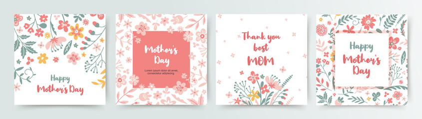 Wall Mural - happy mother's day floral greeting cards. frame with cute hand drawn pink flowers. vector illustrati