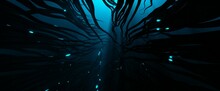 Futuristic Roots With Blue Discharges. Sinister Wires From Depths Charged 3d Render With Powerful Neon Energy. Tentacles Of An Ancient Monster Rising To Surface