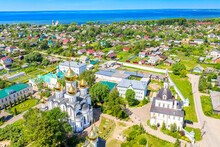 Aerial Drone View Of Nikolsky Monastery In Pereslavl Zalessky With Church Of The Forty Martyrs Of Sebastia And Lake Pleshcheyevo, Yaroslavl Region, Russia. Summer Sunny Day. 
