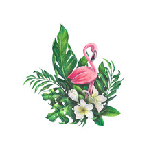 Watercolor Illustration Of A Pink Flamingo With Tropical Leaves. A Bright, Juicy Composition. With Leaves Of Palm Trees And Other Exotic Plants. For Prints, Patterns, Postcards, Decor, Design.