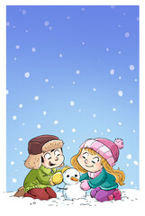 Wall Mural - Illustration of children making a small snowman