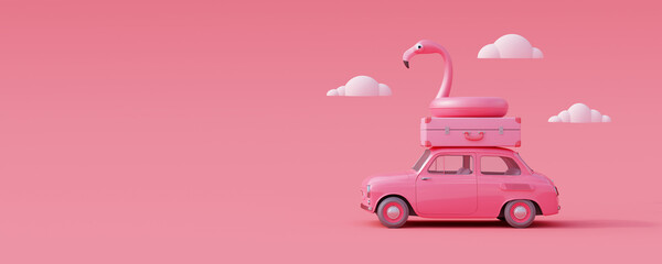 Wall Mural - Car with luggage and flamingo on pastel pink background. Creative summer concept 3D Render 3D illustration