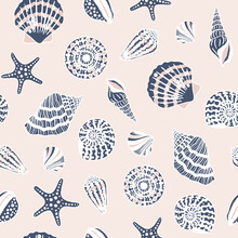 Sea Shells, Fossils And Mollusks Seamless Pattern. Summer Beach Hand-drawn Seaside Vector Print. Fashion Textile Bright Multicolored Illustration. Seashore Elements Design For Fabrics, Wallpaper