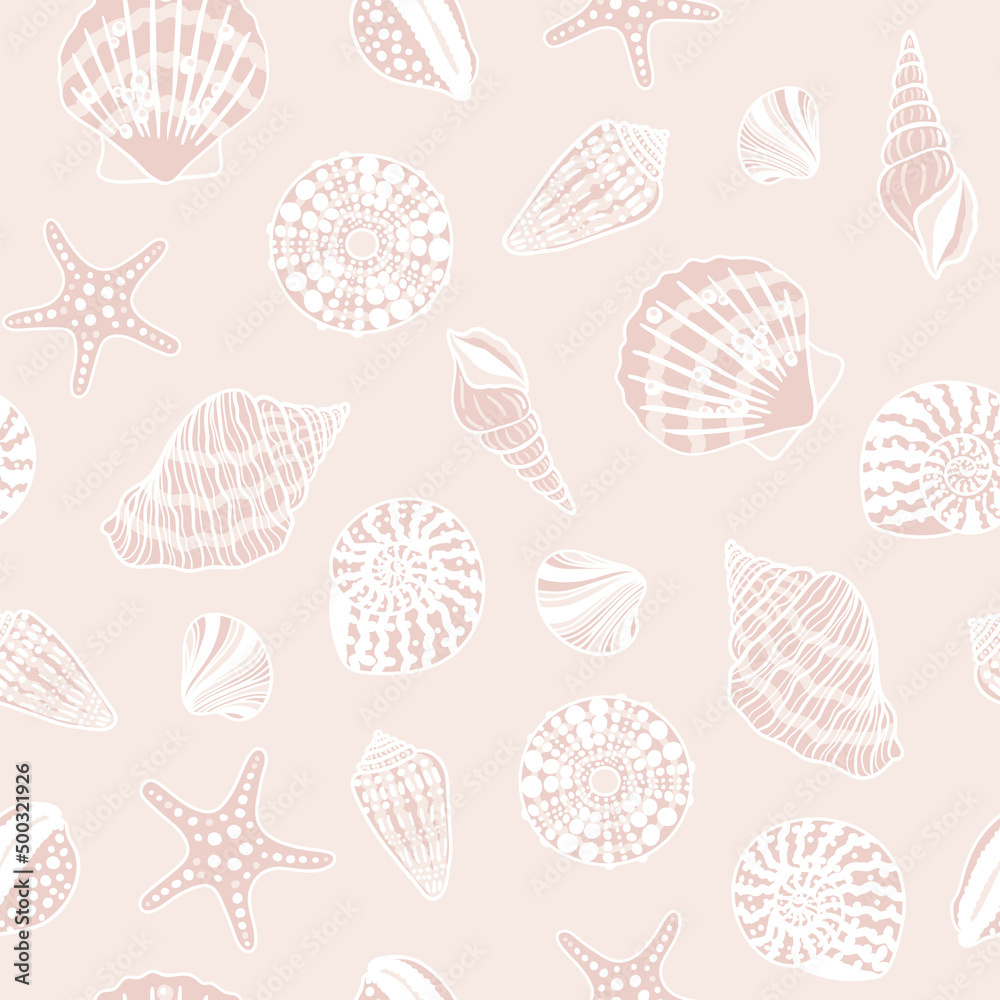Sea shells, fossils and mollusks seamless pattern. Summer beach hand-drawn seaside vector print. Fashion textile bright multicolored illustration. Seashore elements design for fabrics, wallpaper
