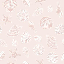 Sea Shells, Fossils And Mollusks Seamless Pattern. Summer Beach Hand-drawn Seaside Vector Print. Fashion Textile Bright Multicolored Illustration. Seashore Elements Design For Fabrics, Wallpaper