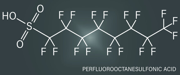 Poster - Perfluorooctanesulfonic acid or perfluorooctane sulfonate, PFOS, persistent organic pollutant molecule. Skeletal chemical formula.