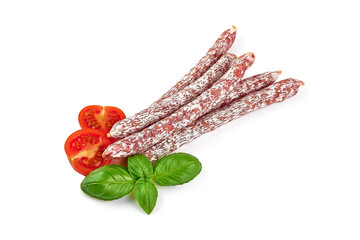 Wall Mural - Cured salami sticks, isolated on white background.