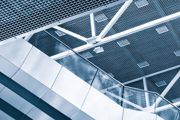 Poster - Abstract futuristic interior metal construction background in blue tones