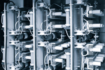 Poster - Close-up switch. Voltage distributor with circuit breakers. Electric background. Power supply of an industrial facility. Electricity supply.