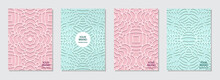 Cover Design Set, Vertical Templates. A Collection Of Art Deco Embossed Satin Pink And Turquoise Backgrounds. Geometric Ethnic 3d Pattern Of East, Asia, India, Mexico, Aztecs, Peru.