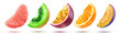 A set of ripe and bright slices of grapefruit, kiwi, passion fruit, orange and plum flying over a white background.