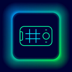 Wall Mural - Glowing neon line Selfie on mobile phone icon isolated on black background. Colorful outline concept. Vector