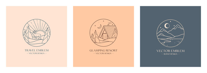 Wall Mural - Vector linear glamping emblems with forest landscape,mountains,house or tent.Travel logos with deer,crescent moon,lake,sun and sunburst.Modern hike,camp,nature reserve,outdoor recreation labels.