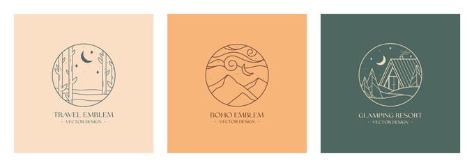 Wall Mural - Vector linear glamping emblems with forest landscape,mountain range,house or tent.Travel logos with mountains,crescent moon,polar stars,sky.Modern hike,camp,nature reserve,outdoor recreation labels.