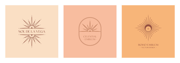 Wall Mural - Set of vector bohemian logo design templates with star,sun and sunburst.Boho linear icons or symbols.Modern celestial emblems.Branding design.Letters with Sol de la Vega means Sun of the Valley