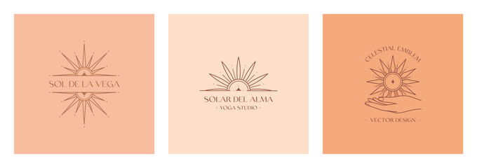 Wall Mural - Set of vector bohemian logo design templates with star,sun and sunburst.Modern celestial emblems.Branding boho design.Sol de la Vega means Sun of the Valley,Solar del Alma means Sun of the Soul.