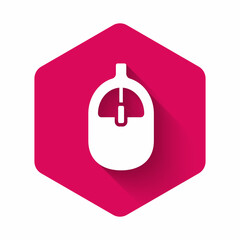 Poster - White Computer mouse icon isolated with long shadow background. Optical with wheel symbol. Pink hexagon button. Vector