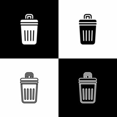 Sticker - Set Trash can icon isolated on black and white background. Garbage bin sign. Recycle basket icon. Office trash icon. Vector