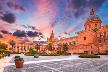 Fototapete - Palermo, Italy. Sunset with norman Cathedral, Sicily.