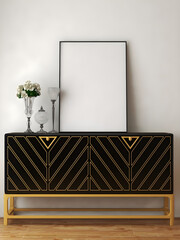 Luxury black gold cabinet with blank frame. 3d illustration. 3d render