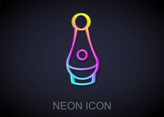 Poster - Glowing neon line Soju bottle icon isolated on black background. Korean rice vodka. Vector