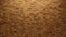 3D, Soft Sheen Mosaic Tiles Arranged In The Shape Of A Wall. Wood, Timber, Blocks Stacked To Create A Rectangular Block Background. 3D Render
