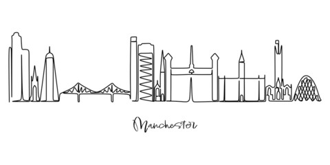 Wall Mural - Sigle line drawing of Manchester city skyline. City skyscraper landscape in world. Best destination holiday wall decoration poster art vacation concept. Continuous line draw design vector illustration