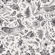 Seamless Floral Pattern With Rabbits