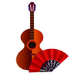  spahish classic guitar with red fan isolated on white background