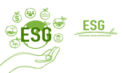 ESG banner web icon for business and organization, Environment, Social, Governance in the sky on green hand