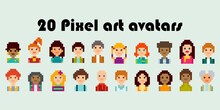 Game Pixel Avatar. Mobile Gaming Hero Portrait. 8-bit Character Skin Collection. Player Pixelated Account Icon Design. Isolated Male Or Female Heads. Vector Cute Digital Graphic Faces Set