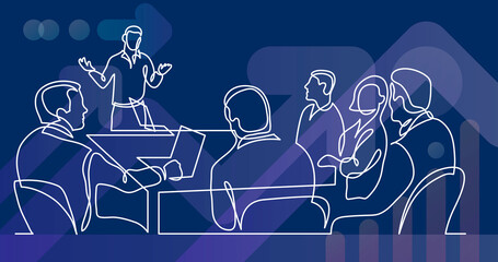 Poster - continuous line drawing of young professionals discussing project as team talking about work process