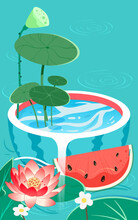 Child Sitting In A Pond And Eating Watermelon With Lotus Flowers And Leaves In The Background, Vector Illustration