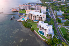 Downtown Dunedin Florida USA. Tampa Bay Area. Shore Gulf Of Mexico FL. Residential House With Pool. Aerial View On City. Road For Cars. Summer Vacations.
