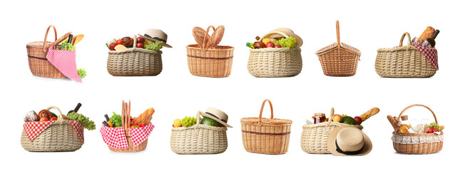 Set of wicker baskets for picnic on white background