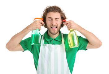 Poster - Funny worker of cleaning service with bottles of detergent on white background