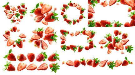 Wall Mural - A set of photos. Strawberry berry levitating on a white background