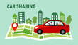 Car sharing service concept vector illustration. Men and women in car in flat design. Carpooling business.