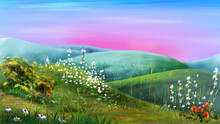 Hilly Landscape With Wildflowers At Dawn