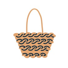 Straw Woven Shoulder Tote Bag. Beach Summer Rattan Knitted Handbag. Women Accessory Of Trapeze Shape. Modern Fashion Weaven Female Item. Flat Vector Illustration Isolated On White Background