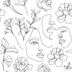 Wall Mural - Vector seamless pattern. Continuous line art with woman face, leaves. Linear nature background. Use for package, cosmetics, decor. Fashion concept, feminine beauty minimalist