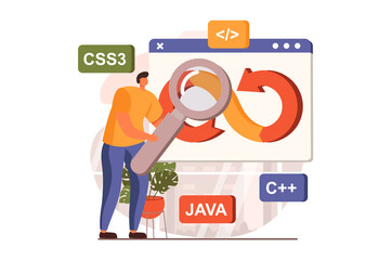 Leinwandbilder - DevOps web concept in flat design. Man engineering and programming, doing research, create programs, administrates processes. Development operations practice. Vector illustration with people scene